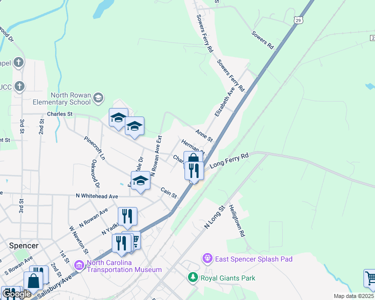 map of restaurants, bars, coffee shops, grocery stores, and more near 115 Herman Street in Spencer