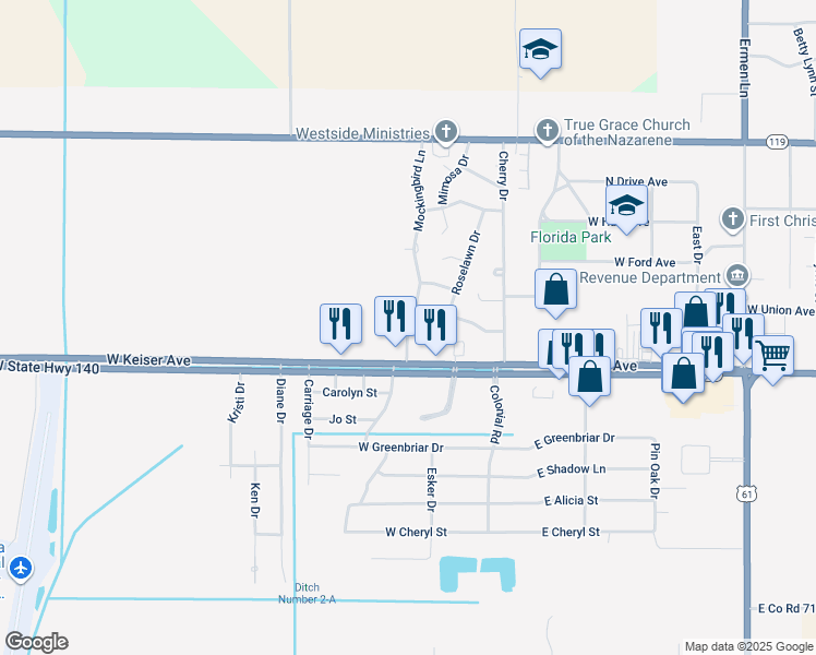 map of restaurants, bars, coffee shops, grocery stores, and more near 1500 W Keiser Ave in Osceola