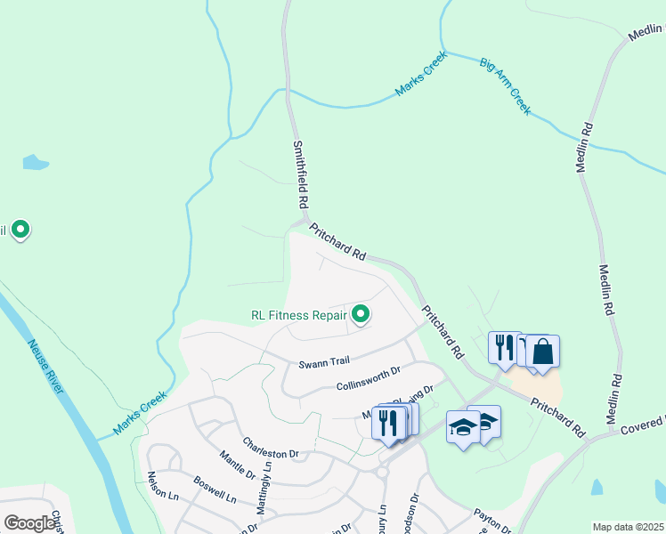map of restaurants, bars, coffee shops, grocery stores, and more near 240 Elway Drive in Clayton