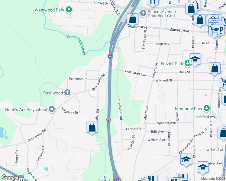 map of restaurants, bars, coffee shops, grocery stores, and more near 730 Breeze Hill Road in Asheboro