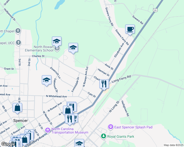 map of restaurants, bars, coffee shops, grocery stores, and more near 300 Charles Street in Spencer