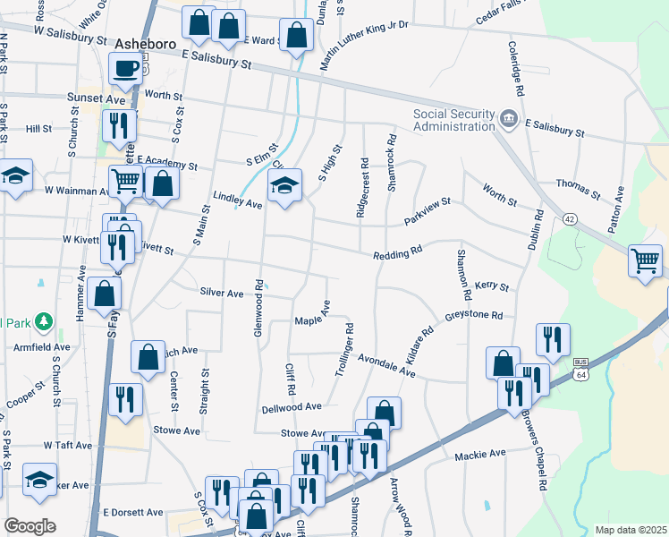 map of restaurants, bars, coffee shops, grocery stores, and more near 628 East Kivett Street in Asheboro