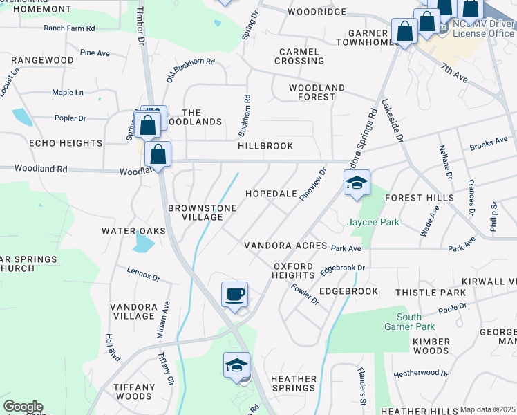 map of restaurants, bars, coffee shops, grocery stores, and more near 1404 Kelly Road in Garner