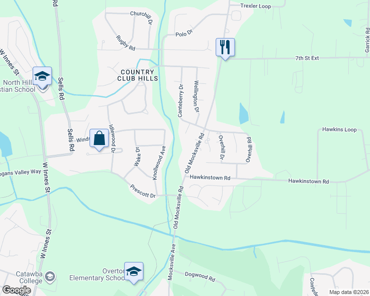 map of restaurants, bars, coffee shops, grocery stores, and more near 1428 Old Mocksville Road in Salisbury