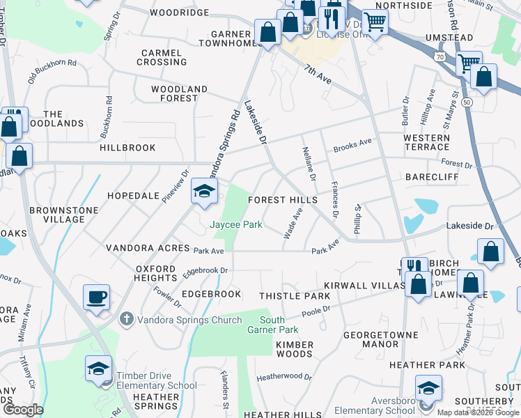 map of restaurants, bars, coffee shops, grocery stores, and more near 1220 Poplar Avenue in Garner