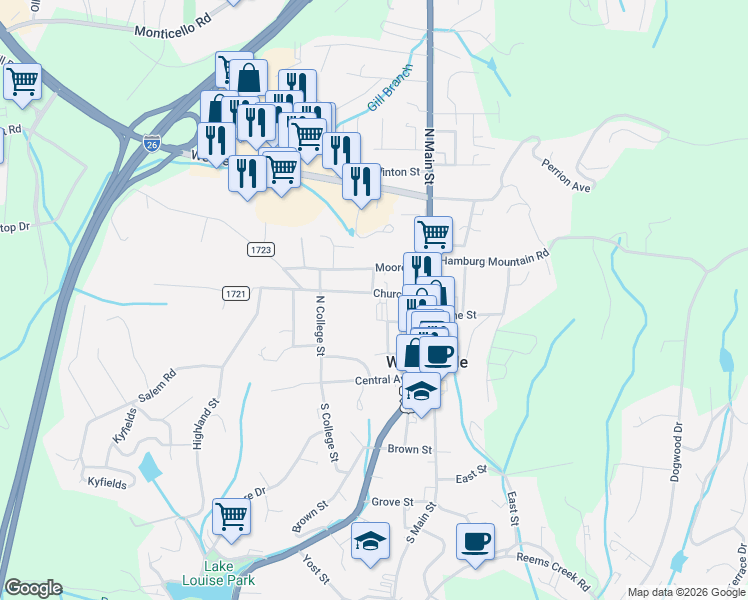 map of restaurants, bars, coffee shops, grocery stores, and more near 99999 Georgia Avenue in Weaverville