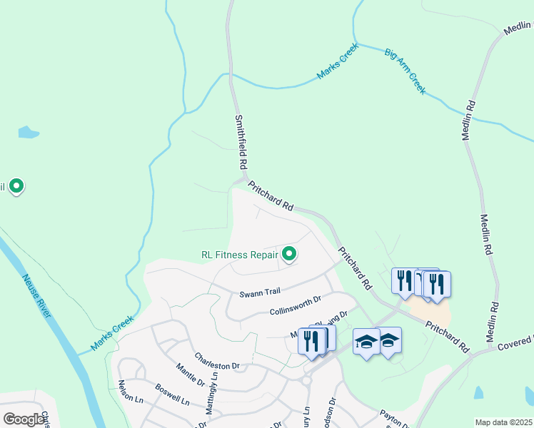 map of restaurants, bars, coffee shops, grocery stores, and more near 240 Elway Drive in Clayton