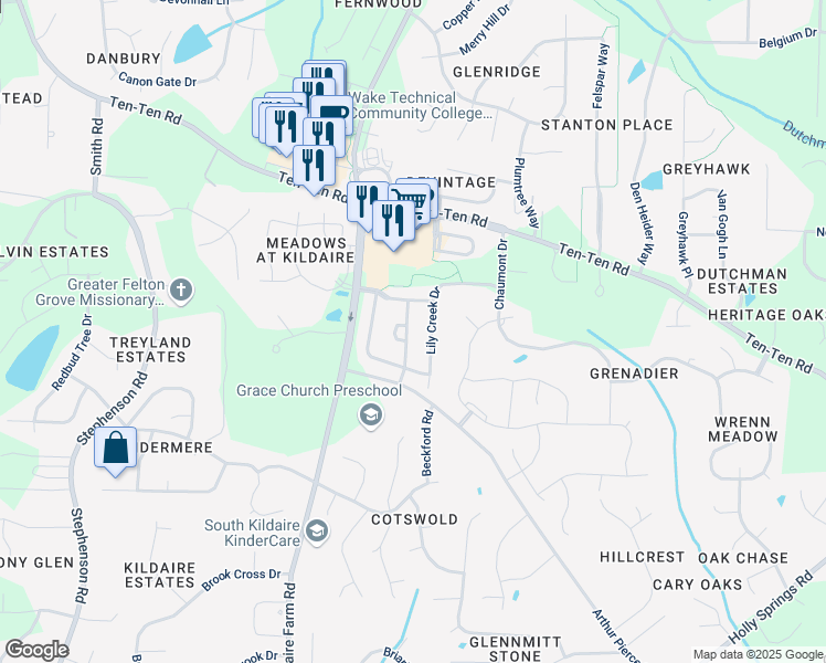 map of restaurants, bars, coffee shops, grocery stores, and more near 1536 Onyx Creek Drive in Cary