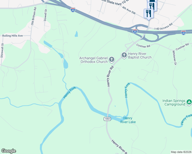 map of restaurants, bars, coffee shops, grocery stores, and more near 4244 Henry River Road in Hickory