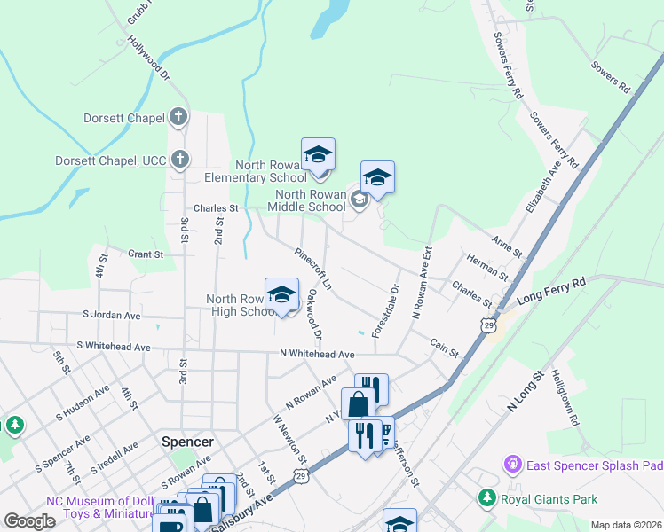 map of restaurants, bars, coffee shops, grocery stores, and more near 515 Charles Street in Spencer