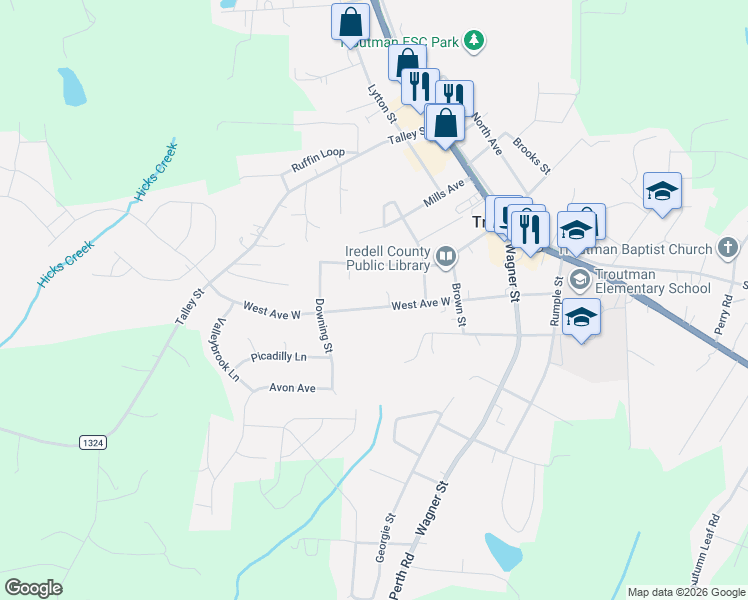 map of restaurants, bars, coffee shops, grocery stores, and more near 132 Paddington Court in Troutman
