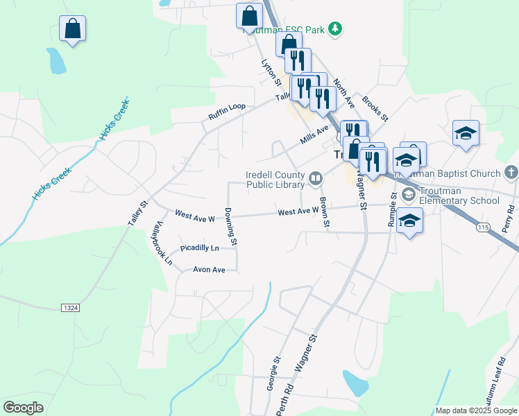 map of restaurants, bars, coffee shops, grocery stores, and more near 132 Paddington Court in Troutman