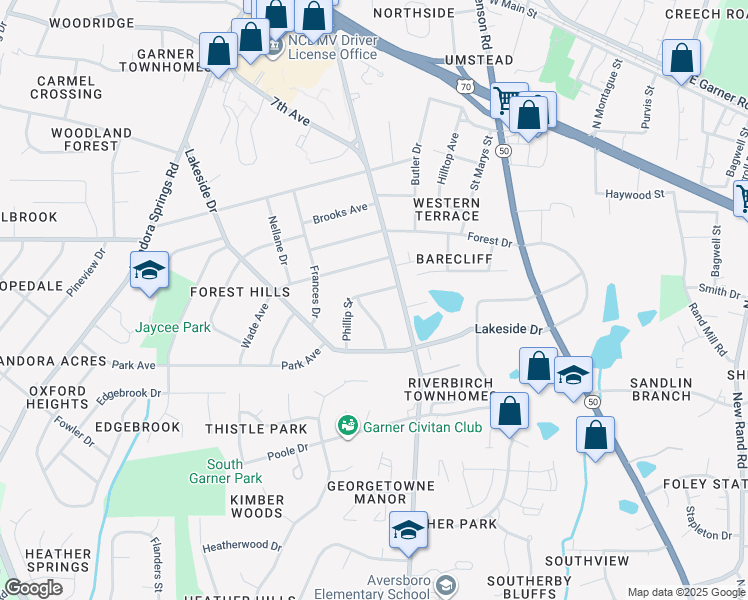 map of restaurants, bars, coffee shops, grocery stores, and more near 907 Phillip Street in Garner