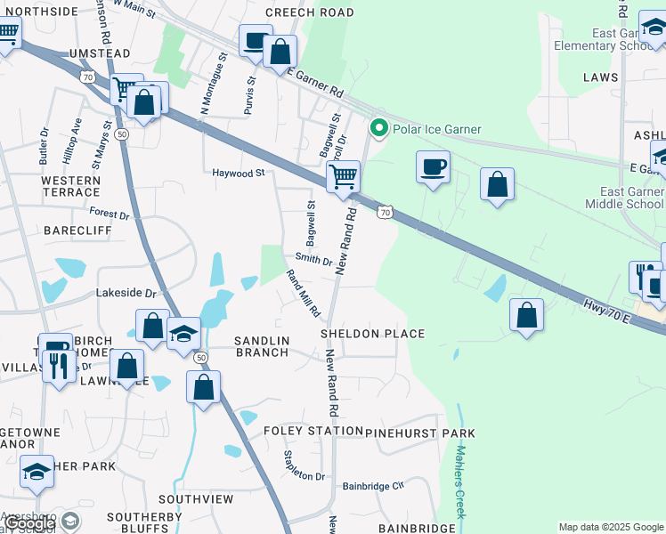 map of restaurants, bars, coffee shops, grocery stores, and more near 300 New Rand Road in Garner