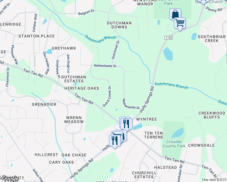 map of restaurants, bars, coffee shops, grocery stores, and more near 5741 Dutch Creek Drive in Raleigh