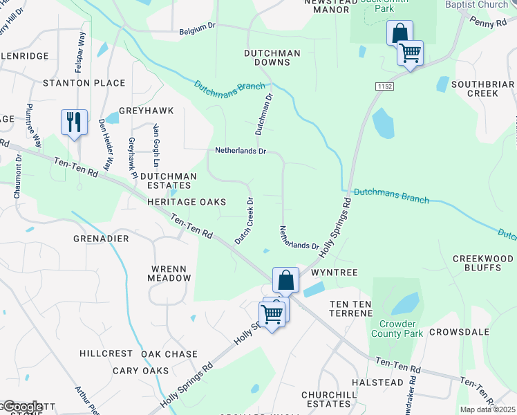 map of restaurants, bars, coffee shops, grocery stores, and more near 5741 Dutch Creek Drive in Raleigh