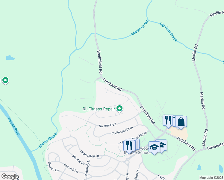 map of restaurants, bars, coffee shops, grocery stores, and more near 241 Elway Drive in Clayton