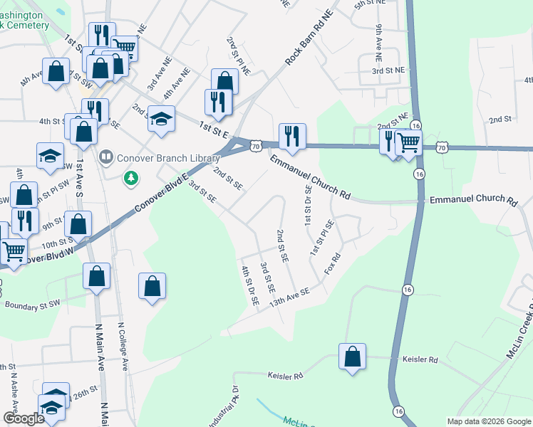 map of restaurants, bars, coffee shops, grocery stores, and more near 123 10th Avenue Southeast in Conover