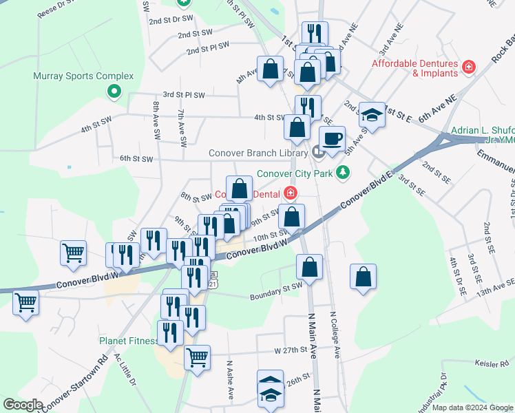 map of restaurants, bars, coffee shops, grocery stores, and more near 806 3rd Avenue Southwest in Conover
