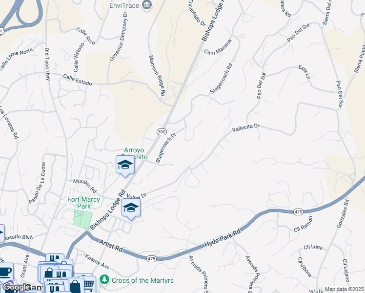 map of restaurants, bars, coffee shops, grocery stores, and more near 500 Hillcrest Drive in Santa Fe