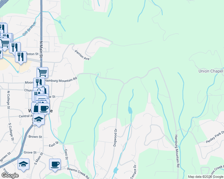 map of restaurants, bars, coffee shops, grocery stores, and more near 109 Hamburg Mountain Road in Weaverville