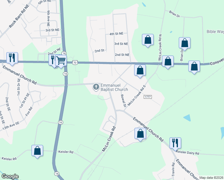 map of restaurants, bars, coffee shops, grocery stores, and more near 212-298 Lineberger Road in Conover
