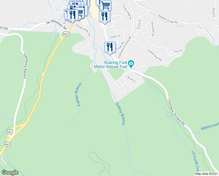 map of restaurants, bars, coffee shops, grocery stores, and more near 718 Dogwood Lane in Gatlinburg