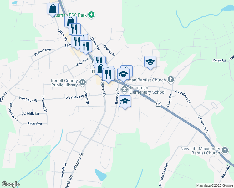 map of restaurants, bars, coffee shops, grocery stores, and more near 371 West Avenue in Troutman