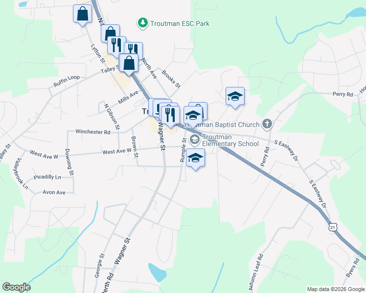 map of restaurants, bars, coffee shops, grocery stores, and more near 220 South Main Street in Troutman