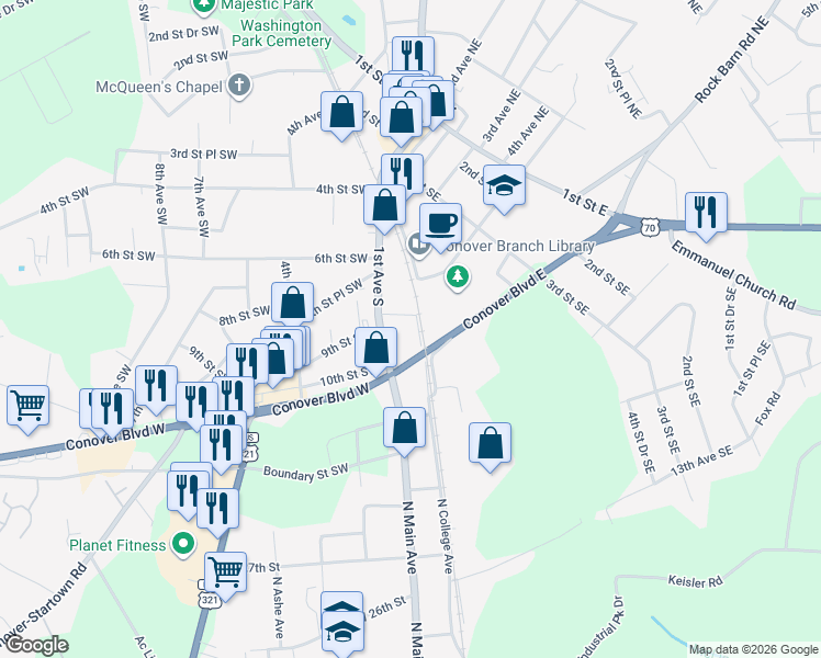 map of restaurants, bars, coffee shops, grocery stores, and more near 912 2nd Avenue Southeast in Conover