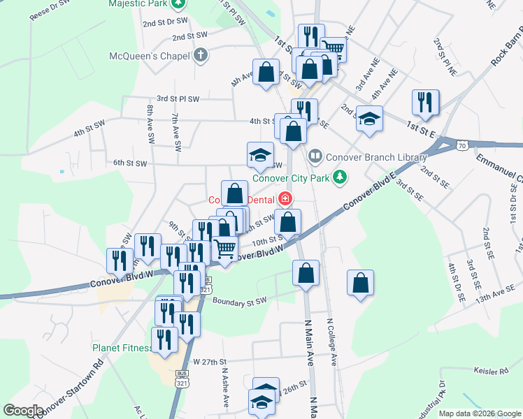 map of restaurants, bars, coffee shops, grocery stores, and more near 307 7th Street Place Southwest in Conover
