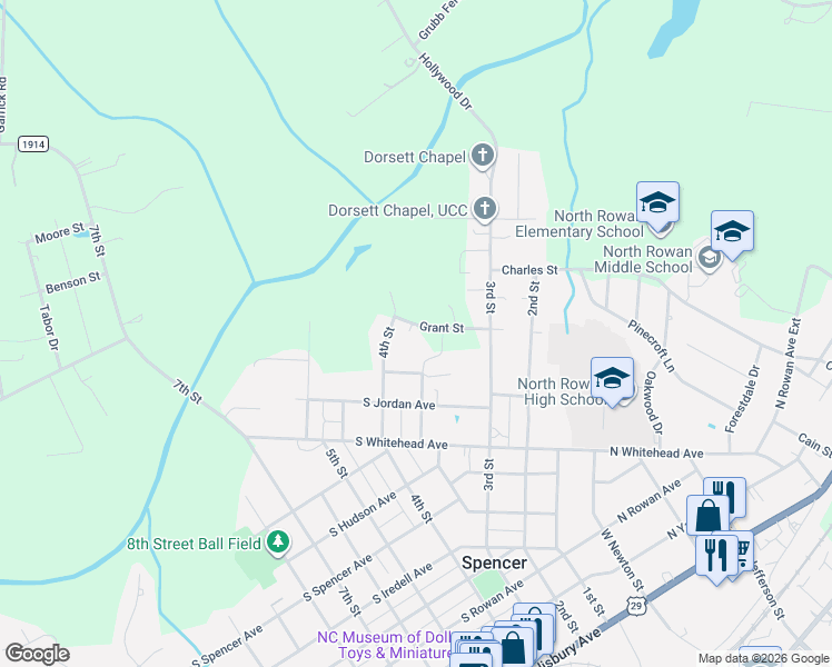 map of restaurants, bars, coffee shops, grocery stores, and more near 331 Grant Street in Spencer