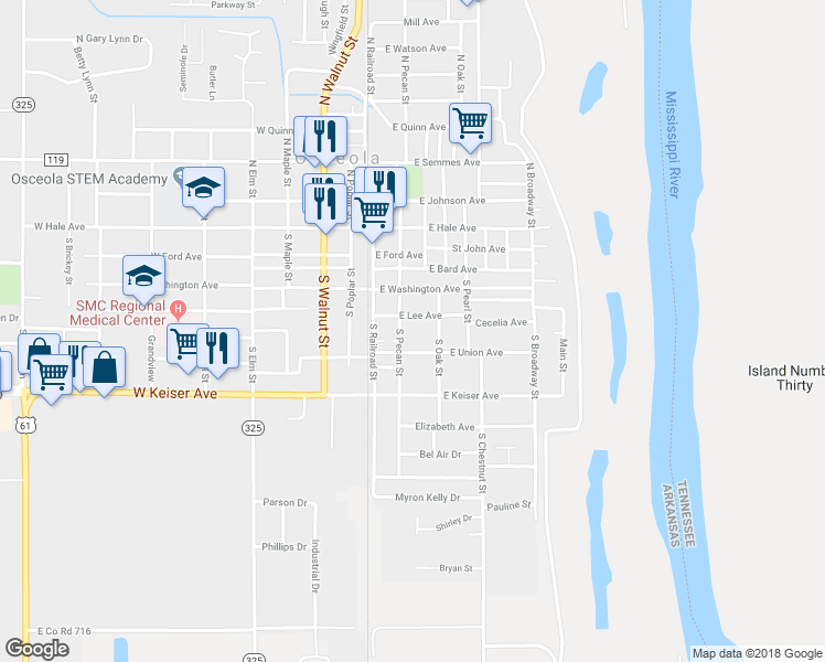 map of restaurants, bars, coffee shops, grocery stores, and more near 513 S Pecan St in Osceola