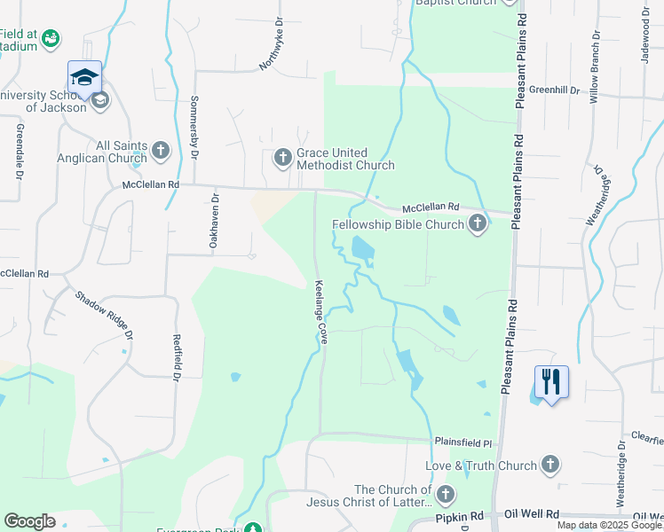 map of restaurants, bars, coffee shops, grocery stores, and more near 53 Keelange Cove in Jackson