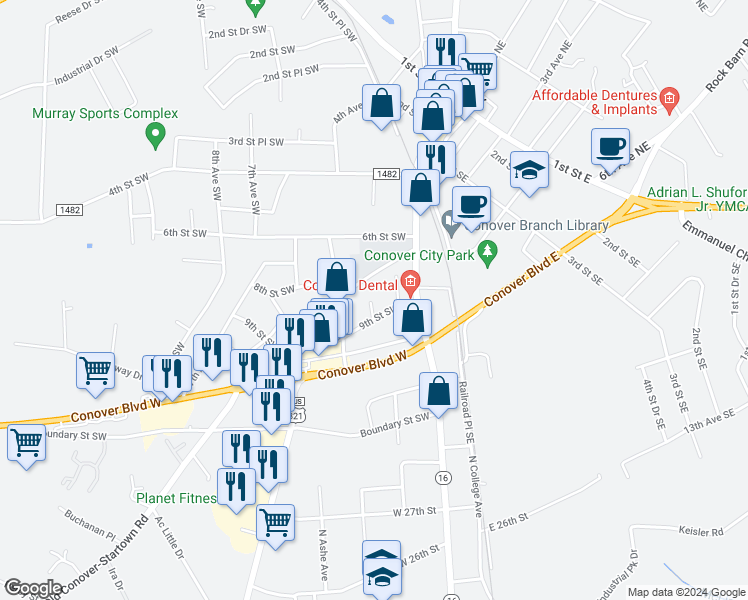 map of restaurants, bars, coffee shops, grocery stores, and more near 804 3rd Avenue Southwest in Conover