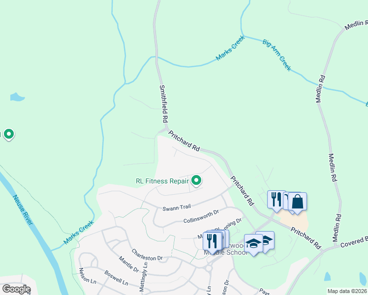 map of restaurants, bars, coffee shops, grocery stores, and more near 241 Elway Drive in Clayton