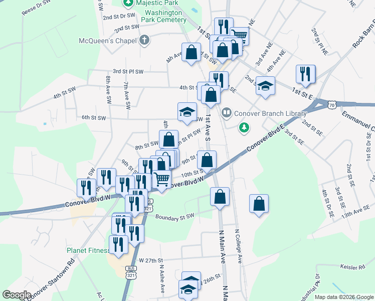 map of restaurants, bars, coffee shops, grocery stores, and more near 307 7th Street Place Southwest in Conover