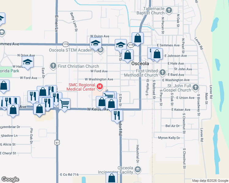 map of restaurants, bars, coffee shops, grocery stores, and more near 501 West Lee Avenue in Osceola