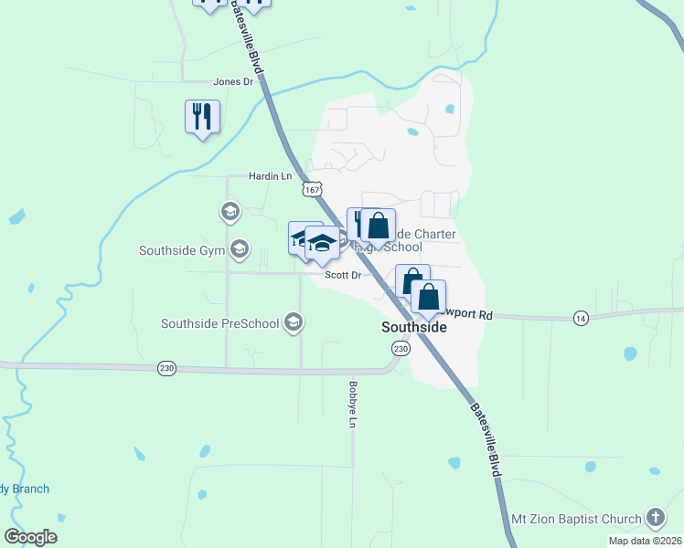 map of restaurants, bars, coffee shops, grocery stores, and more near 70 Scott Drive in Batesville