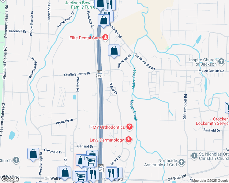 map of restaurants, bars, coffee shops, grocery stores, and more near North Star Drive in Jackson