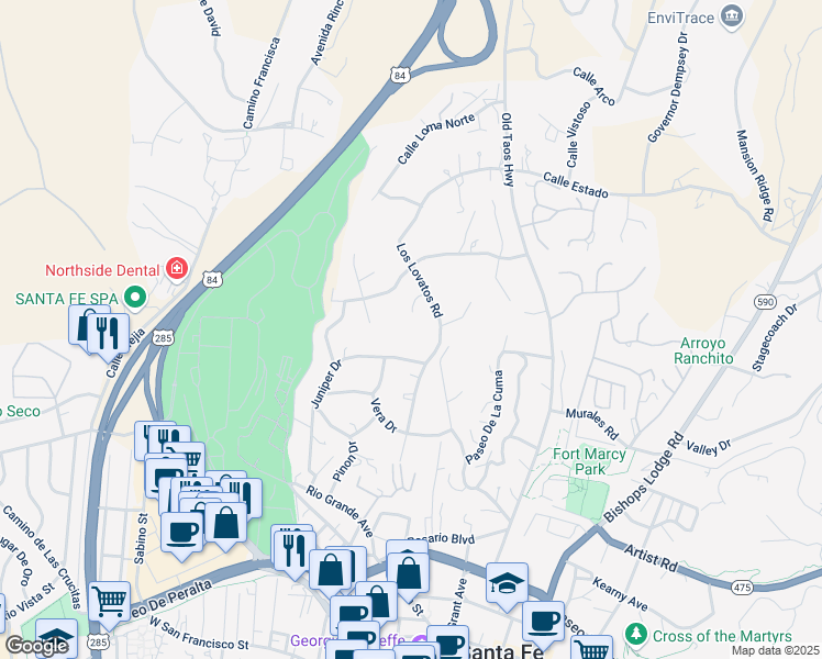 map of restaurants, bars, coffee shops, grocery stores, and more near 409 Estrella Court in Santa Fe