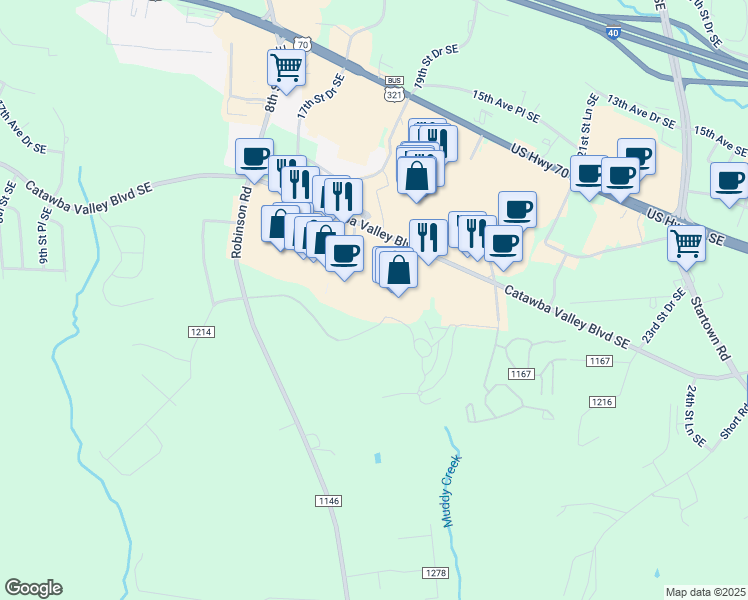 map of restaurants, bars, coffee shops, grocery stores, and more near 1920 Catawba Valley Boulevard Southeast in Hickory