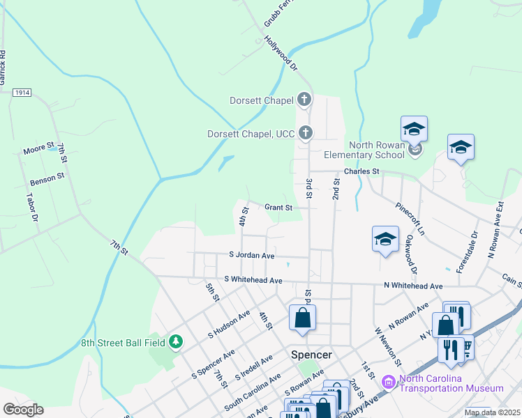 map of restaurants, bars, coffee shops, grocery stores, and more near 331 Grant Street in Spencer