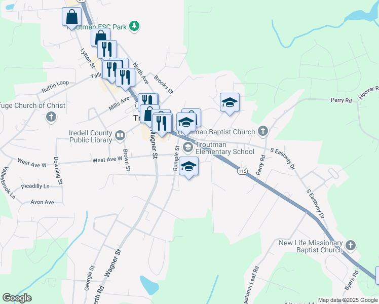 map of restaurants, bars, coffee shops, grocery stores, and more near 220 South Main Street in Troutman