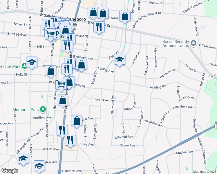 map of restaurants, bars, coffee shops, grocery stores, and more near 417E East Kivett Street in Asheboro