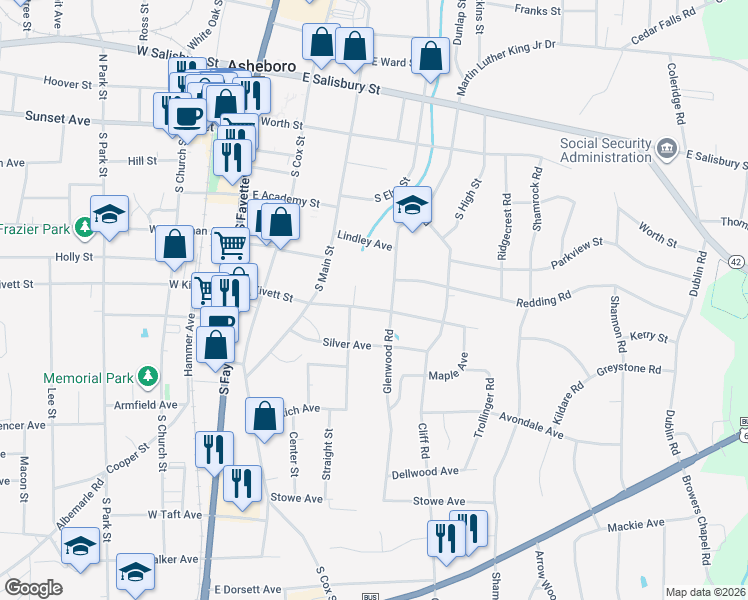 map of restaurants, bars, coffee shops, grocery stores, and more near 417E East Kivett Street in Asheboro