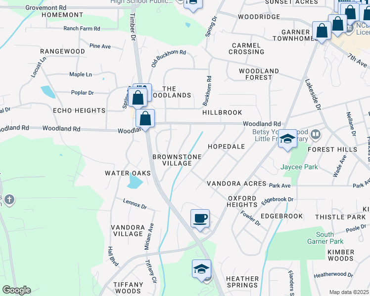 map of restaurants, bars, coffee shops, grocery stores, and more near 1331 Brompton Lane in Garner