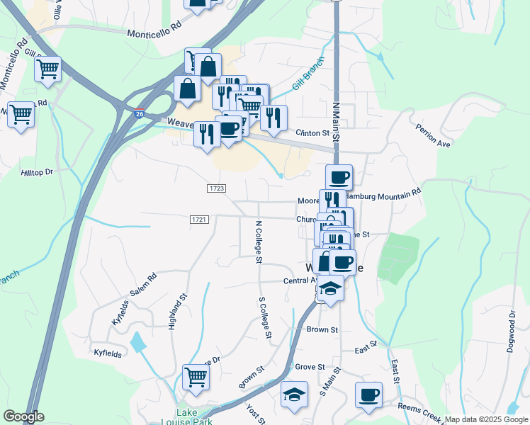 map of restaurants, bars, coffee shops, grocery stores, and more near 47 Church Street in Weaverville