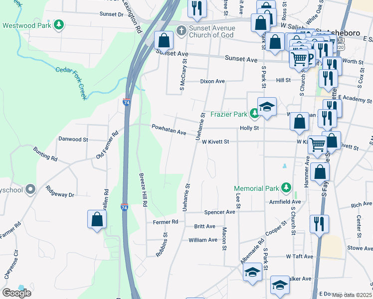 map of restaurants, bars, coffee shops, grocery stores, and more near 618 Uwharrie Street in Asheboro