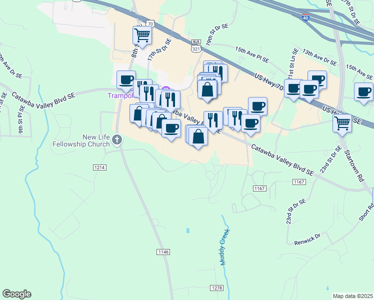 map of restaurants, bars, coffee shops, grocery stores, and more near 1920 Catawba Valley Boulevard Southeast in Hickory
